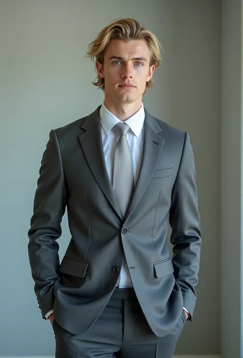 Man in gray suit with white shirt, long short blond hair, and blue eyes, attractive male, handsome male, handsome young man, handsome and attractive, blonde and attractive features, attractive man, attractive young man, standing like a model in office land...