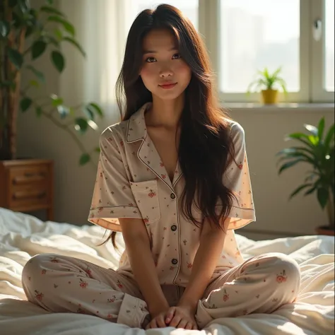 vietnamese woman, sitting on bed, pajama pants, long strAight hair, indoors, soft lighting, plants in background, window with sunlight, normal room, relaxed pose, realistic, intricate details, warm colors, 