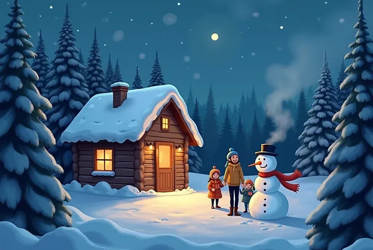 Sure! Heres a picture prompt:

"A cozy winter scene featuring a small, warmly lit cabin surrounded by snow-covered pine trees. A soft glow emanates from the windows, and smoke rises from the chimney. In the foreground, a snowman stands, with a red scarf an...