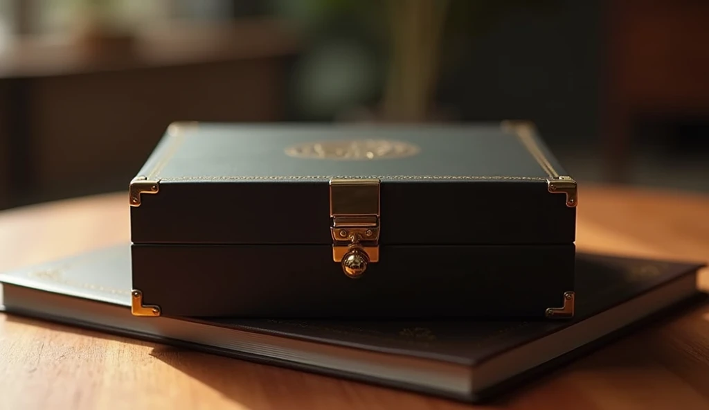 A dynamic shot capturing the moment when a magnetic closure box snaps shut, with a blurred backdrop of a luxury display table, highlighting the smoothness and precision of the magnetic mechanism