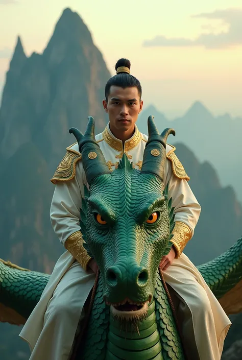 Hyper realistic fhoto in broad view of a handsome Indonesian man,  face facing the camera ,  mans face is very clear ,  wearing a white gold patterned war suit , arm ornament ,  sitting behind the head of the mythical green dragon the golden flaky giant is...