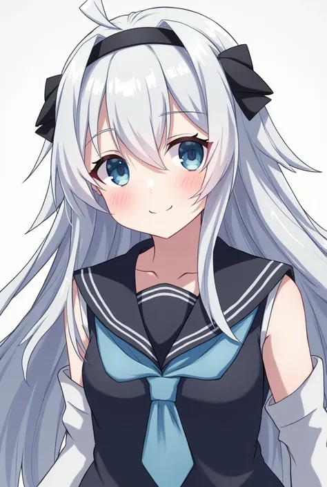 tokyo revenger, a young woman with dark blue eyes, long hair to the back, silver-white hair with black hair roots, black hair ends, white skin, cheerful disposition, eyes falling like a sleepy person, and a mischievous smile.