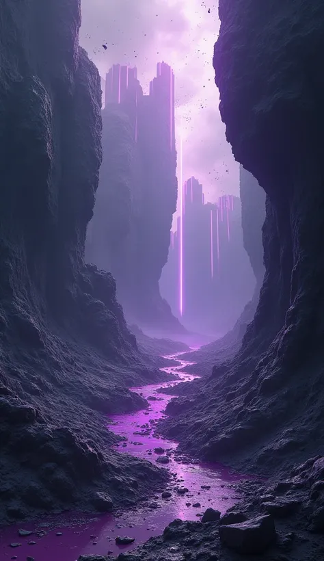 A surreal landscape with reality breaking apart into shards of darkness, cracks filled with ominous purple light, and gravity-defying fragments.