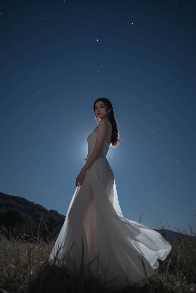  A Beautiful Korean Woman，night， atmosphere under the stars， Full Body Photo 