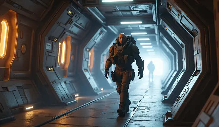  ((((Jack Morrison)))) walking in a spaceship corridor.