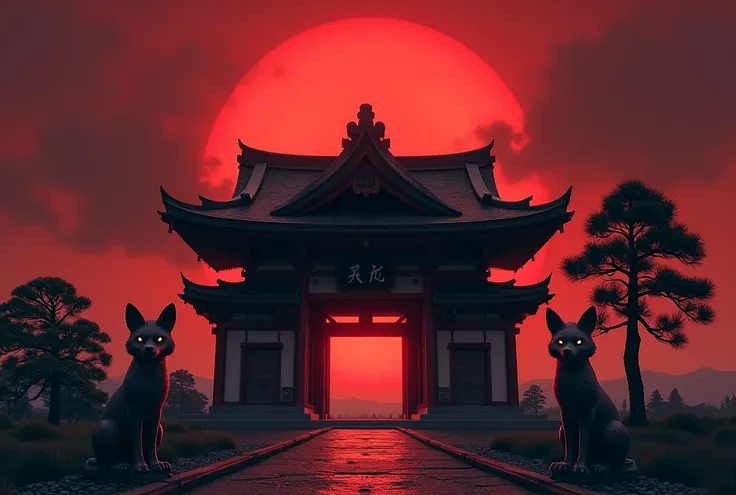  Japanese Shrine , Two fox statues ,  scary atmosphere, Frontal view,  1 pine tree on the right, Dark red sky , Front Torii ,  doesnt feel like China