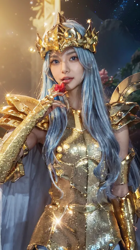 (((A mole below the outer corner of your left eye))),(( 1 woman ))) ((Beautiful woman like a goddess)), ((( Sparkling golden metal armor ))),  An ultra-realistic photo shoot with cutting-edge details, Greek ruins in the background,Saint Seiya Armor, (((Can...