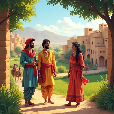 "Three friends living in a peaceful village surrounded by lush green fields, traditional village houses, and a clear blue sky."
Rajasthani Background: "A traditional Rajasthani village with mud houses, camel carts, and bright colors of desert landscapes."