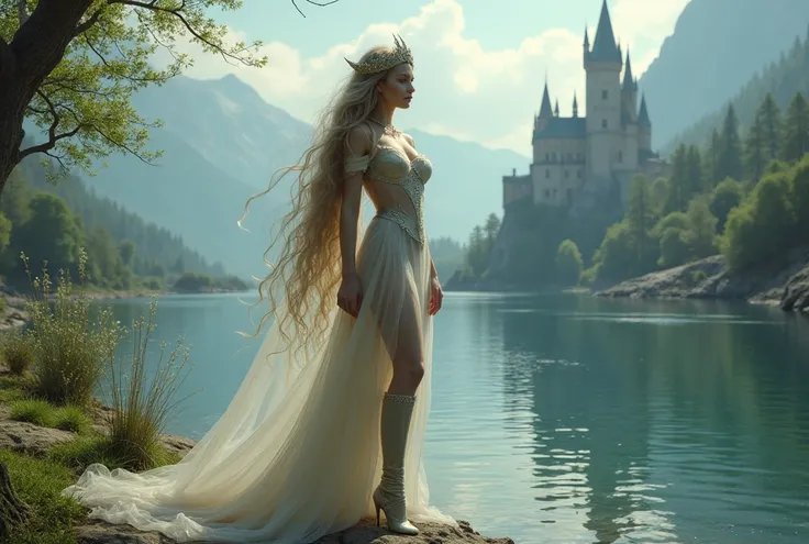 fantasy art : huge breasts princess, transparent dress, very long hair, high heels boots. lake, cygnus. castle in background.