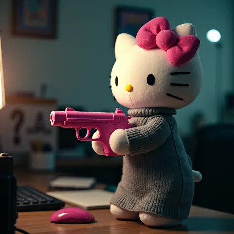 recraft style， plush Hello Kitty wearing a long grey sweater，Holding a pink gun ， shooting at the office ，Messy interior ， side view，flash， Fujifilm style ，flash，flash，flash，flash，（((High granularity ))）,High granularity ，Heavy Shadows，Retro atmosphere， da...