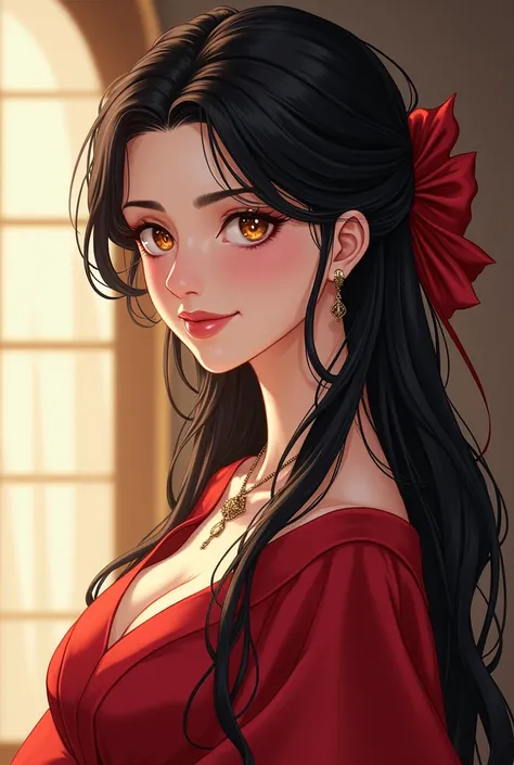 A marchioness, playful smirk, black hair, golden eyes, modest red dress, manhwa art