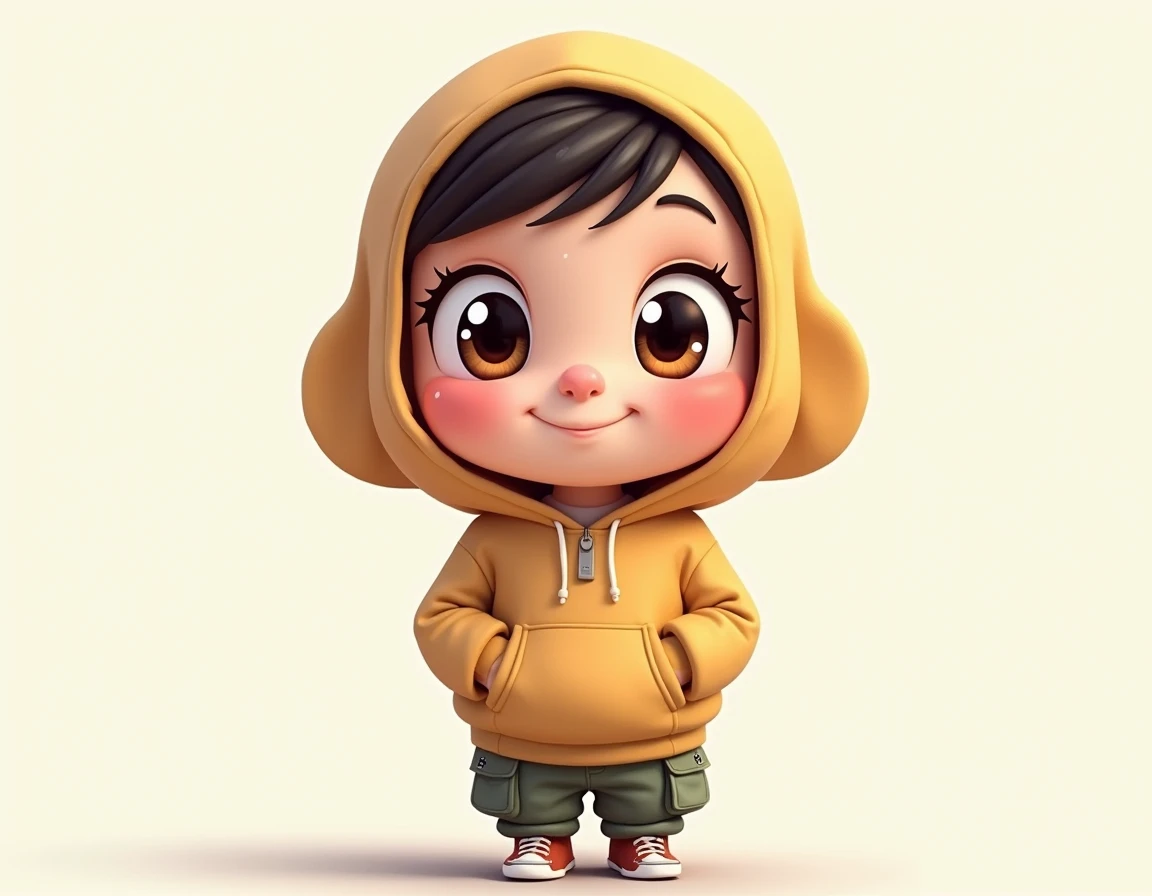 A CARTOON SMALL CUTE  WITH BIG EYES AND SHORT HIEGHT WEARING CARGO AND OVERSIZE HOODIE