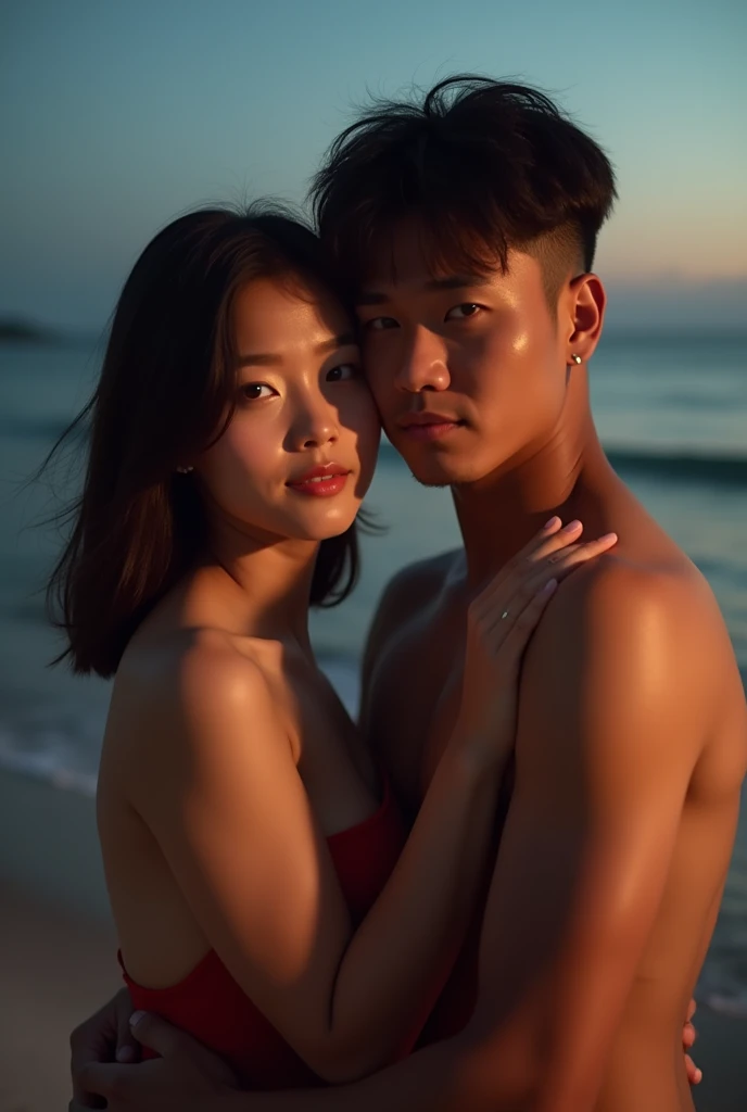 A stunning photograph of indonesian man with pulled back short hair , he is hugging a Chinese woman with shoulder length hair. Warm beach setup wonderful night. they both seeing to camera, shoted dimmed light with 150mm lens, perfect ratio photo