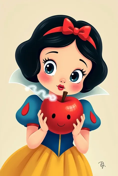 Cartoon of Snow White drawing smoke from her mouth and holding a round perforated apple in her hands from side to side