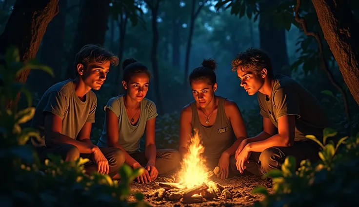 **Nighttime Jungle Hideout**: Dr alan grant, paul and amanda kirby, Emily cater, Sarah Mitchell , Erick kirby from Jurassic park 3 movie, together in a makeshift shelter in the dark, dense jungle of Isla Sorna. Their faces are lit by the dim glow of a camp...