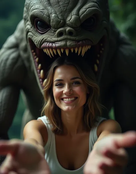 A close-up shot of a stunning woman with a radiant smile and outstretched arms, beckoning the viewer in. The camera captures her captivating charm from just behind her head, where a terrifying monster looms. Its face is dominated by a circular mouth filled...