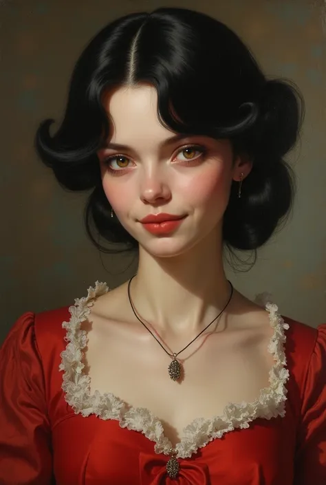 A marchioness, playful mischievous smirk, black hair, sharp golden eyes, modest red dress, semi  realistic style