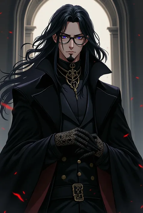 Anime character of male vampire with long black hair, a black goatte and a scar on his left cheek wearing glasses.