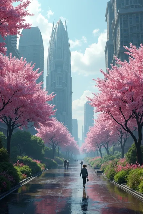 Future City, landscape, futurism, future transportation, future tech, another universe, another planet, another reality, unusual environment, Sci-fi, apocalypse, hard rain, blooming sakura flower landscape, unusual alien animal