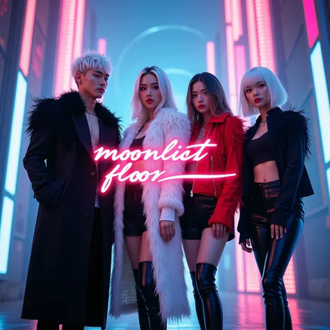 A dynamic and powerful setting for the song "," featuring four K-pop-inspired singers (two males and two females) with modern, stylish looks. The backdrop is a neon-lit urban cityscape at night, creating a dramatic and captivating atmosphere. The character...