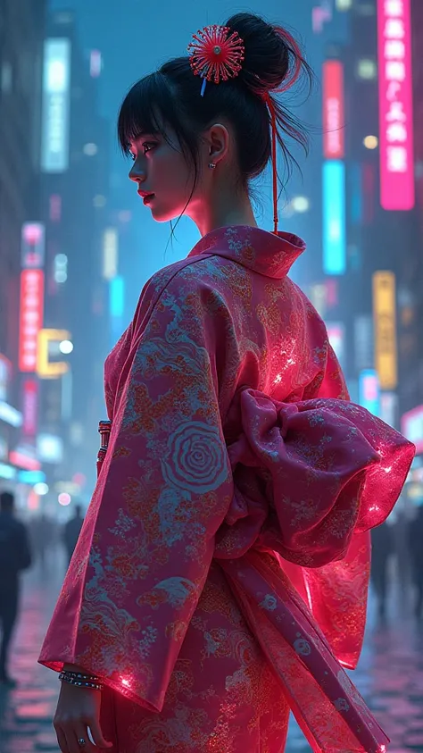 Japanese traditional dress ,  Katsushika Hokusai style, ( Cyberpunk ) (neon)