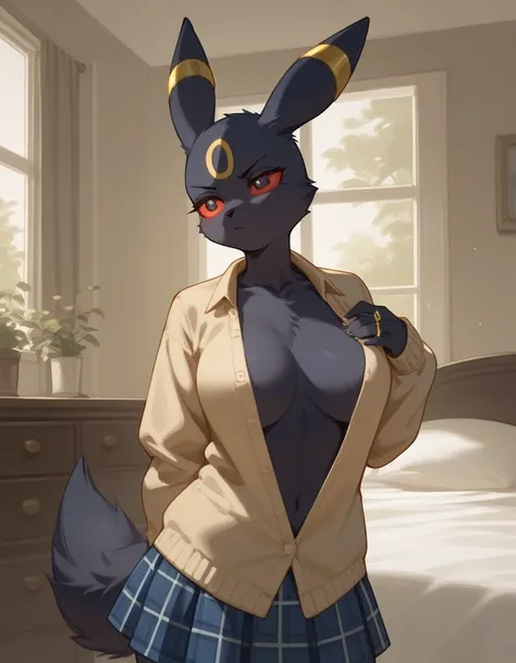 alone, score_9,score_8_up,score_7_up, anthro female umbreon, teenager, red sclera, black eyes, bald head, black fur, yellow rings, large breasts, serious tone, button up light brown cardigan, no shirt, dark blue plaid skirt, bedroom, standing