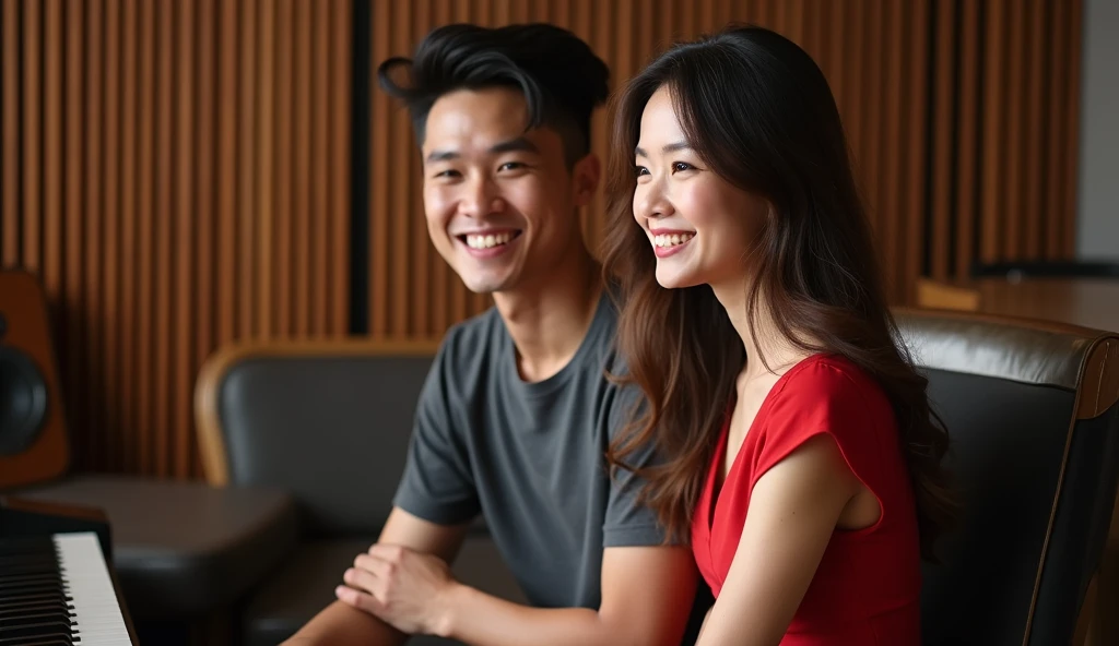  A white 25-year-old man wearing a t-shirt is sitting in the studio with a slight smile.  Beautiful woman with long hair on the side wearing a red dress , They smile together .  large music studio background . real foto, Photography, HD, asian style 