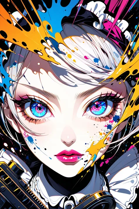   The maid fires a hand machine gun at the viewer,  ink splatters strongly all over the screen  , Dynamic splashes of ink  ,  super detailed  ,  beautiful detailed eyes,  Beautiful Detailed Lips,  Detailed Eyes and Faces ,  has long eyelashes,  bright colo...