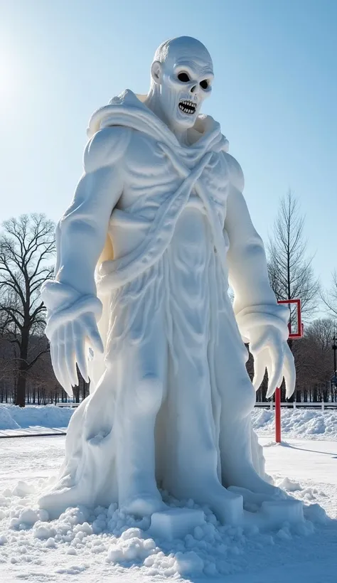 A lifelike snow sculpture in the middle of a snow-covered basketball court during daytime. The sculpture resembles a mysterious, towering figure with exaggerated, eerie features, such as hollow eyes, long claw-like hands, and a menacing grin carved into th...