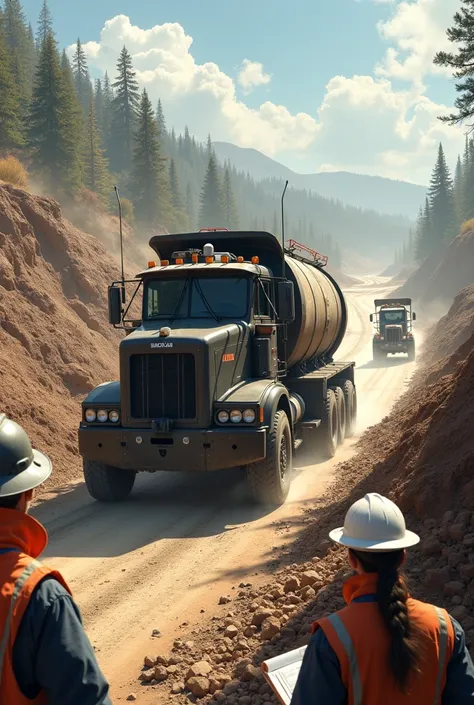 A black asphalt truck is running on a road where construction workers are building the road, there are engineers and machinery. The trucks tank says "blackroad".