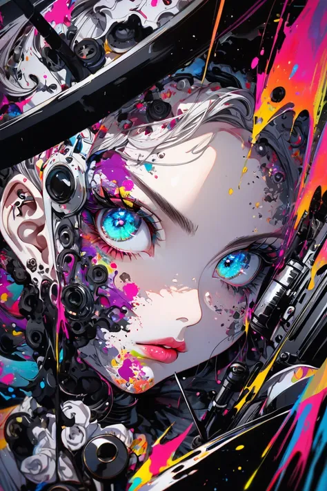   The maid fires a hand machine gun at the viewer,  ink splatters strongly all over the screen  , Dynamic splashes of ink  ,  super detailed  ,  beautiful detailed eyes,  Beautiful Detailed Lips,  Detailed Eyes and Faces ,  has long eyelashes,  bright colo...