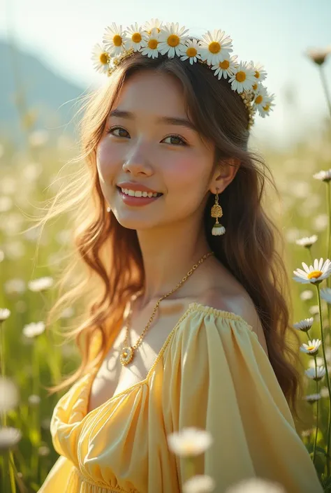 A beautiful woman with a fair complexion and light brown hair stands in the middle of a vibrant meadow. Her youthful face radiates warmth as she looks directly at the camera, offering a soft and enchanting smile. Her hair cascades gently around her face, i...