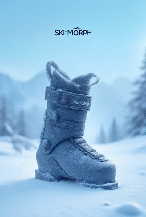 Make me a card with the brand name Skimorph and a ski boot with a snowy mountain background 