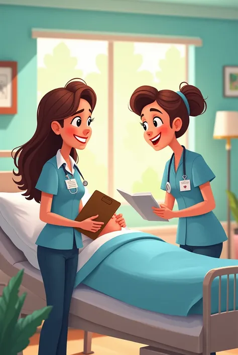 Cartoon social worker with nurse consulting each other at patient bedside