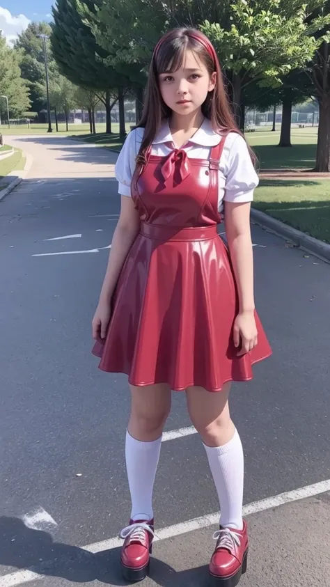 summer camp, full body , fitted curvy figure , cute beautiful short teenage schoogirl, beautiful cute teen face with big lips , High Waisted red leather skater pinafore dress, blouse short puffy sleeves , High Waisted red leather fluffy skater pinafore dre...