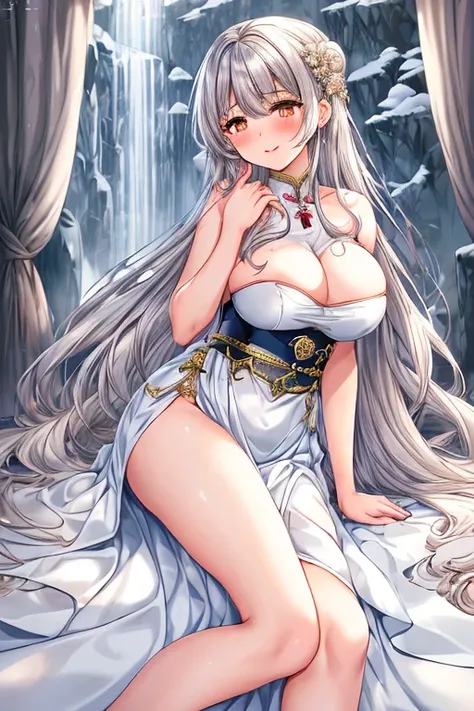 (masterpiece,  Best Quality :1.2),  Digital Art,  fine eyes, fine background smile ,  blush, Different World，Japanese style，A girl， gray haired girl in a long white strapless dress,estrus，outcrop,Big Breasts，aldult，Long Legs，outcrop， blush，silver haired gi...