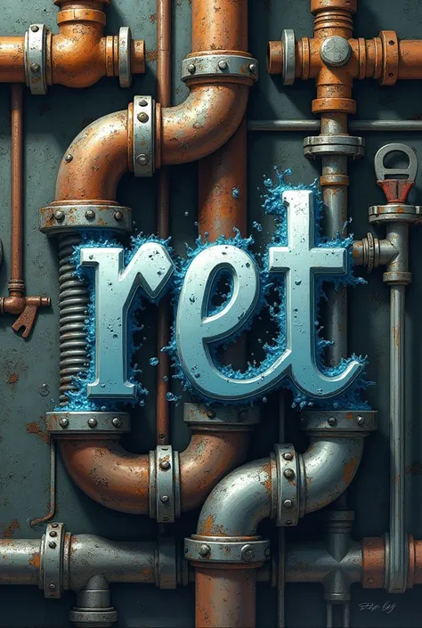  Illustration of intertwined pipes, wrenches, water drops in the shape of the word RET