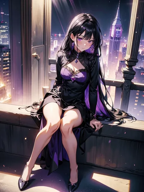 masterpiece, Best Quality , high resolution,Perfect light and shadow,8k wallpaper,illustration, ray tracing , a lovely girl,black hair,Long straight hair, Purple Eyes,Full body portrait, Magical Girl ,mini dress, bikini,a purple gemstone,Sitting sideways,C...