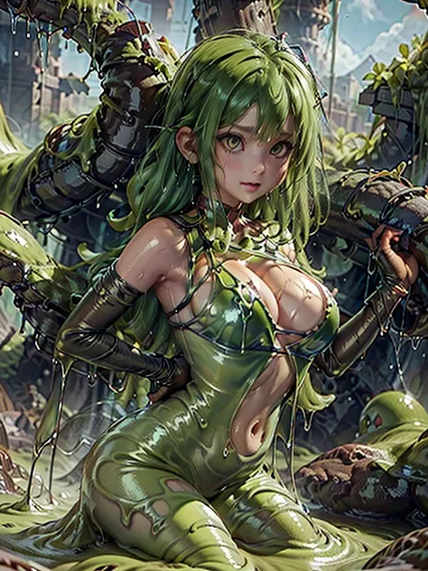 SFW no nudity, In a post-apocalyptic world where everything is melting into a gooey, slimy substance, a woman stands in the foreground. Her bright yellowish green clothes, plastic green top, plastic green leggings in a slimy, gelatinous form. The landscape...