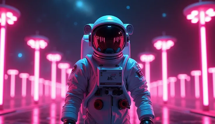 Neon lampposts in space and astronaut 