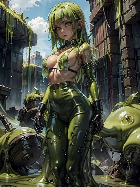 SFW no nudity, In a post-apocalyptic world where everything is melting into a gooey, slimy substance, a woman stands in the foreground. Her bright yellowish green clothes, plastic green top, plastic green leggings in a slimy, gelatinous form. The landscape...