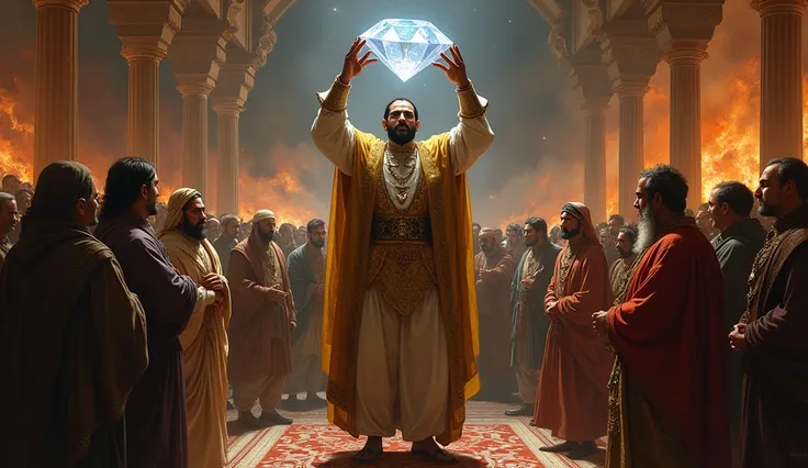 .A royal court in chaos, with Nadir Shah holding up the dazzling Kohinoor white blue diamond, while courtiers stare in awe and fear; a backdrop of a burning Delhi.