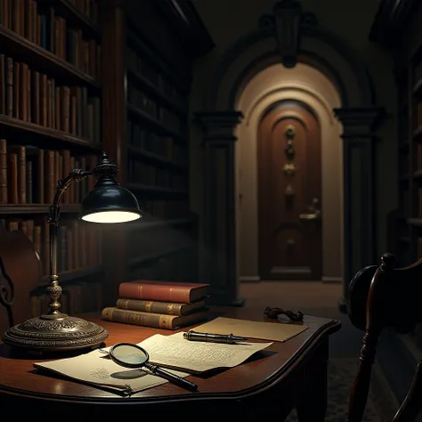 A mysterious Victorian-era detective setting, featuring a dimly lit room with intricate wooden furniture and bookshelves filled with leather-bound books. A desk with a magnifying glass, a notepad, and a quill pen, along with scattered clues like a broken p...