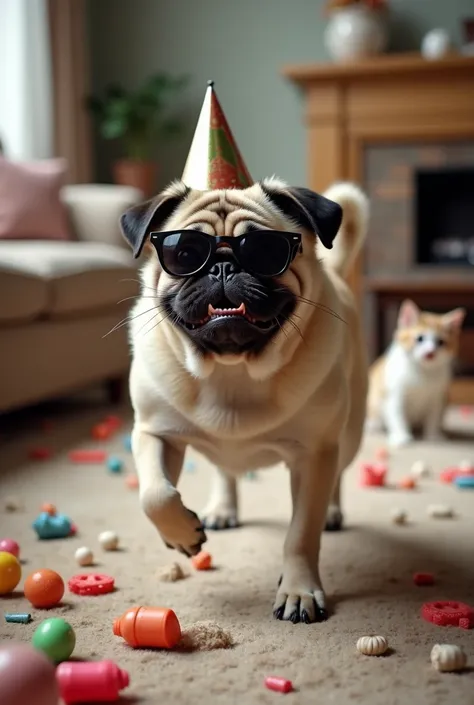 A hyperactive, goofy pug  with wild eyes and a silly expression, wearing oversized sunglasses and a small party hat, running around a living room, knocking over furniture while chasing its tail. The pug dog’s fur is messy, and its mid-action, looking as if...