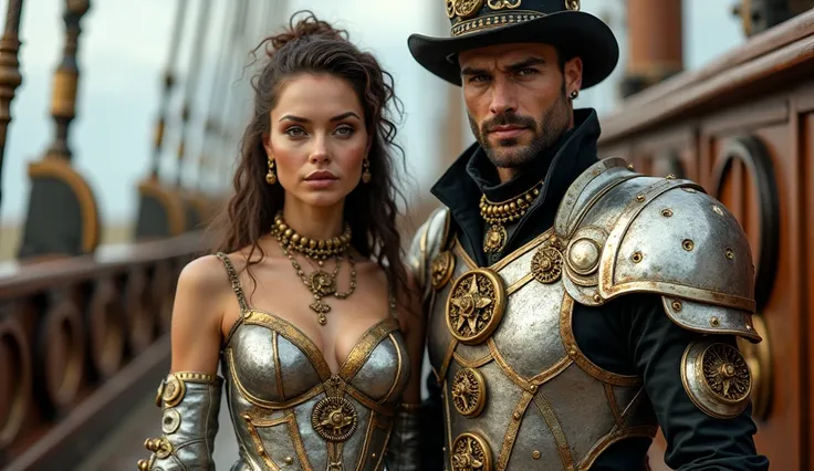 A seductive and captivating European woman with fair skin, wearing a stunning steampunk armor made of platinum and polished gold, adorned with intricate gears and soft brass details. The chestplate is daringly cut, with a plunging neckline that adds an all...