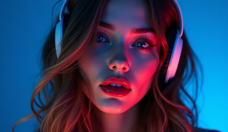 A hyper-realistic, stunningly beautiful young woman wearing headphones with luminous, captivating eyes that seem to glow with vibrant life. Her long, flowing hair has soft waves with shades of natural brown and subtle highlights, giving a glossy, ethereal ...