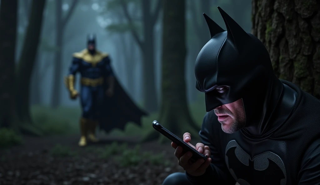 "Create a hyper-realistic, tense scene in the dark forest. Batman is hidden behind a large tree, crouching low to the ground. His iconic black cape and cowl blend seamlessly with the shadows, but his face is visible through the mask, showing a rare express...