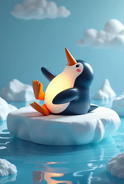 Create a lamp sculpture in the form of a penguin rolling on his stomach on an ice floe