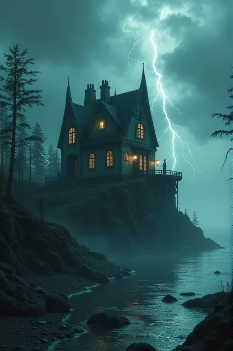 A photo of an eldritch house with twisted, dark architecture and glowing windows near a foggy, eerie ocean. The house has a seabrass color and
is placed on a rocky terrain. The background reveals a stormy sky with dark clouds and a few lightning bolts. The...