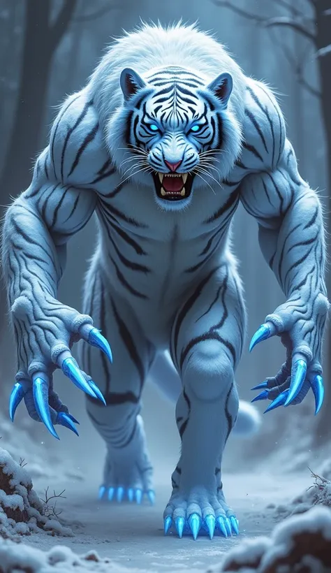 "create 32k creature name ""Tigerman"" based on Snow Tiger and Spiderman. This hybrid has the powerful, sleek body of a massive snow tiger with dense, silvery-white fur interwoven with web-like veins glowing with a faint blue luminescence, representing Spi...